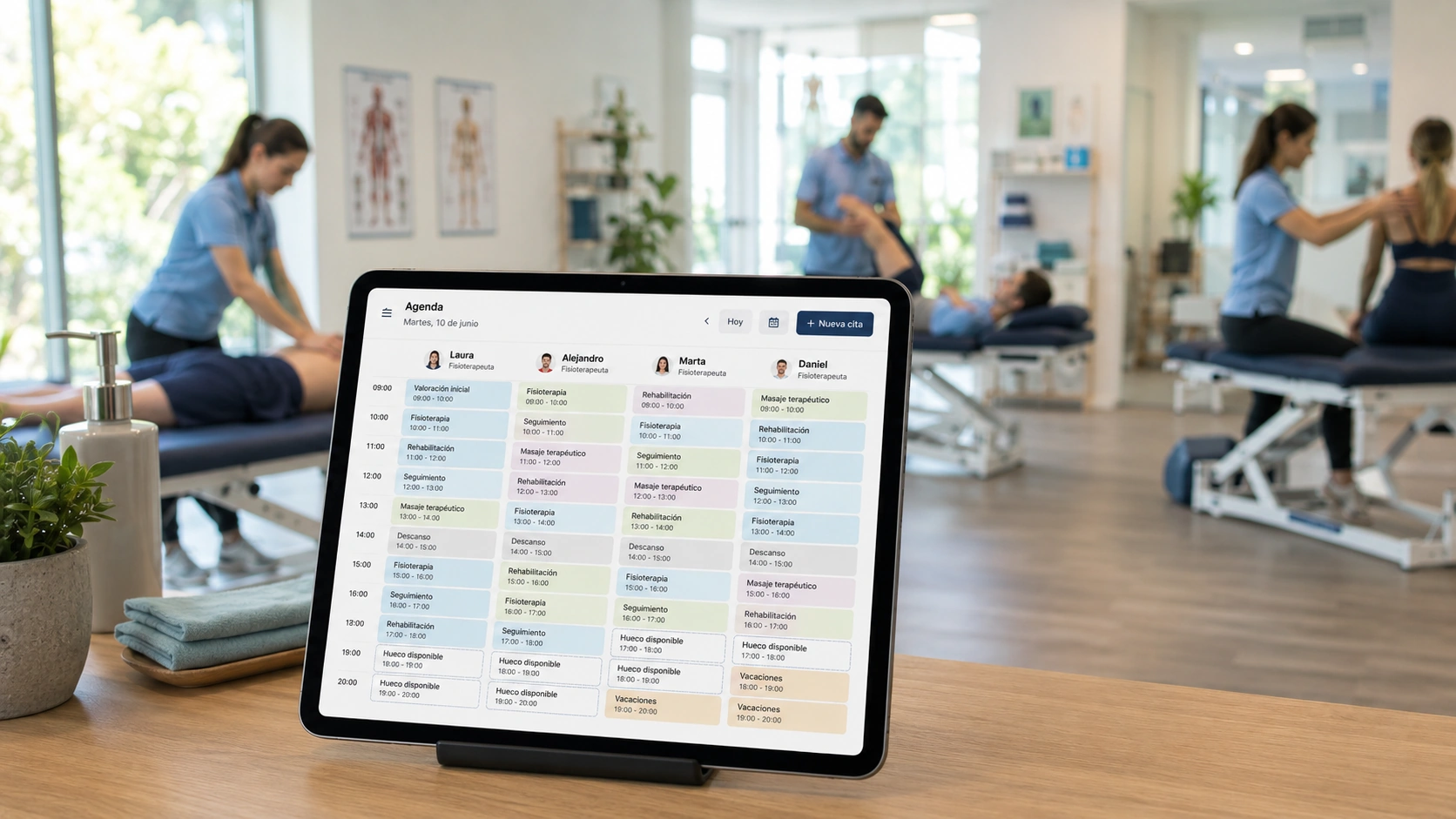 Agenda online de fisioterapia con varios profesionales, tratamientos, descansos y horarios organizados