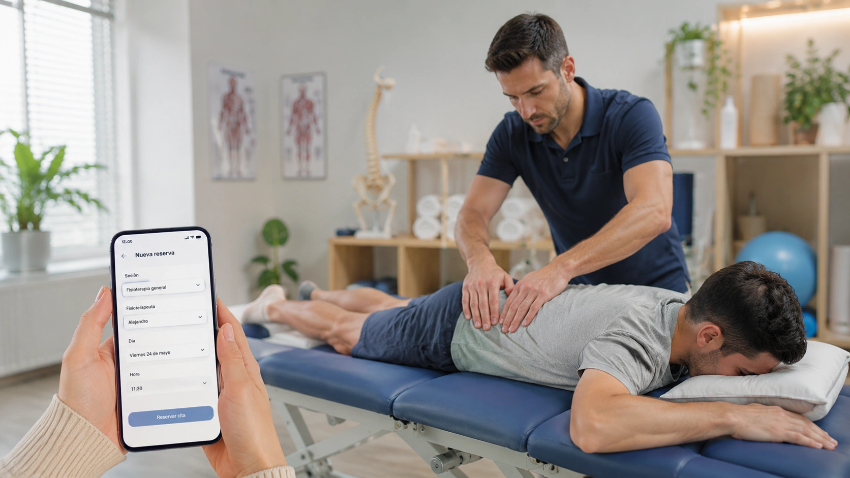 Fisioterapeuta atendiendo a un paciente mientras otra persona reserva una cita online desde el móvil
