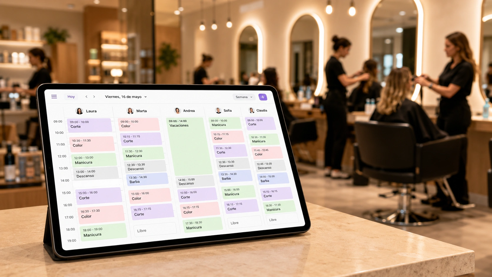 Agenda online de peluquería con varios profesionales, horarios, descansos y citas organizadas