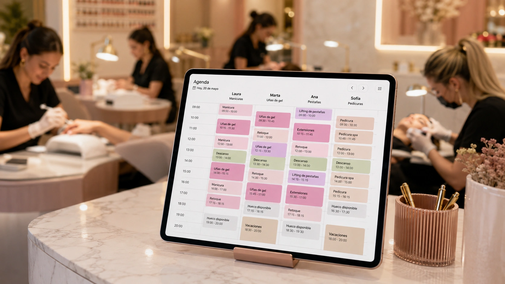 Agenda online para estudio de uñas y pestañas con profesionales, servicios, retoques y horarios organizados