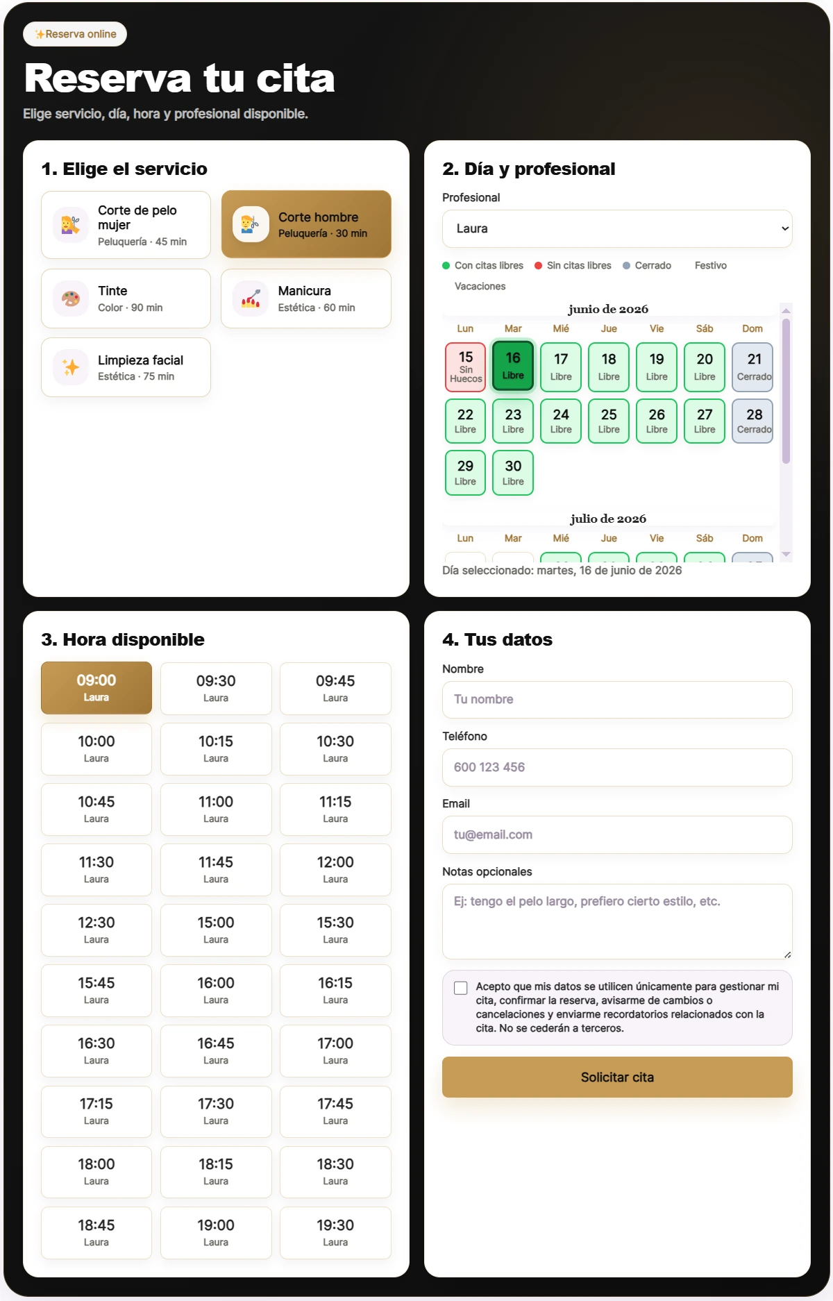 Sistema de reservas online con servicios, días y horas