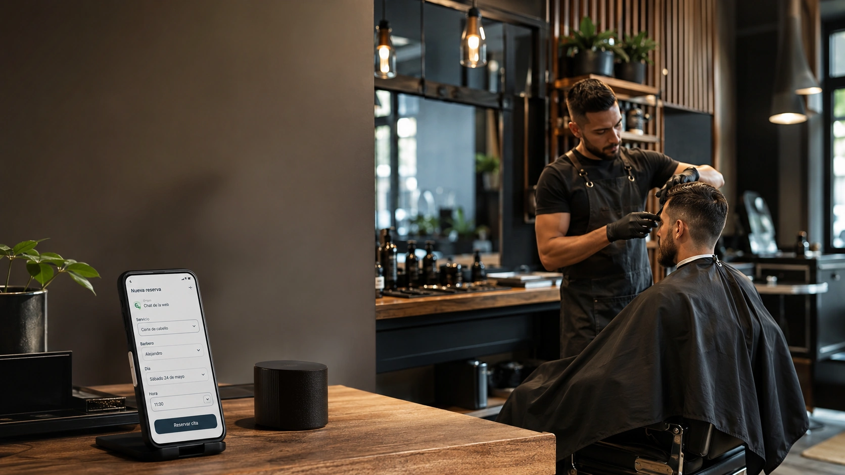 Barbero atendiendo a un cliente mientras otra persona reserva online desde el móvil