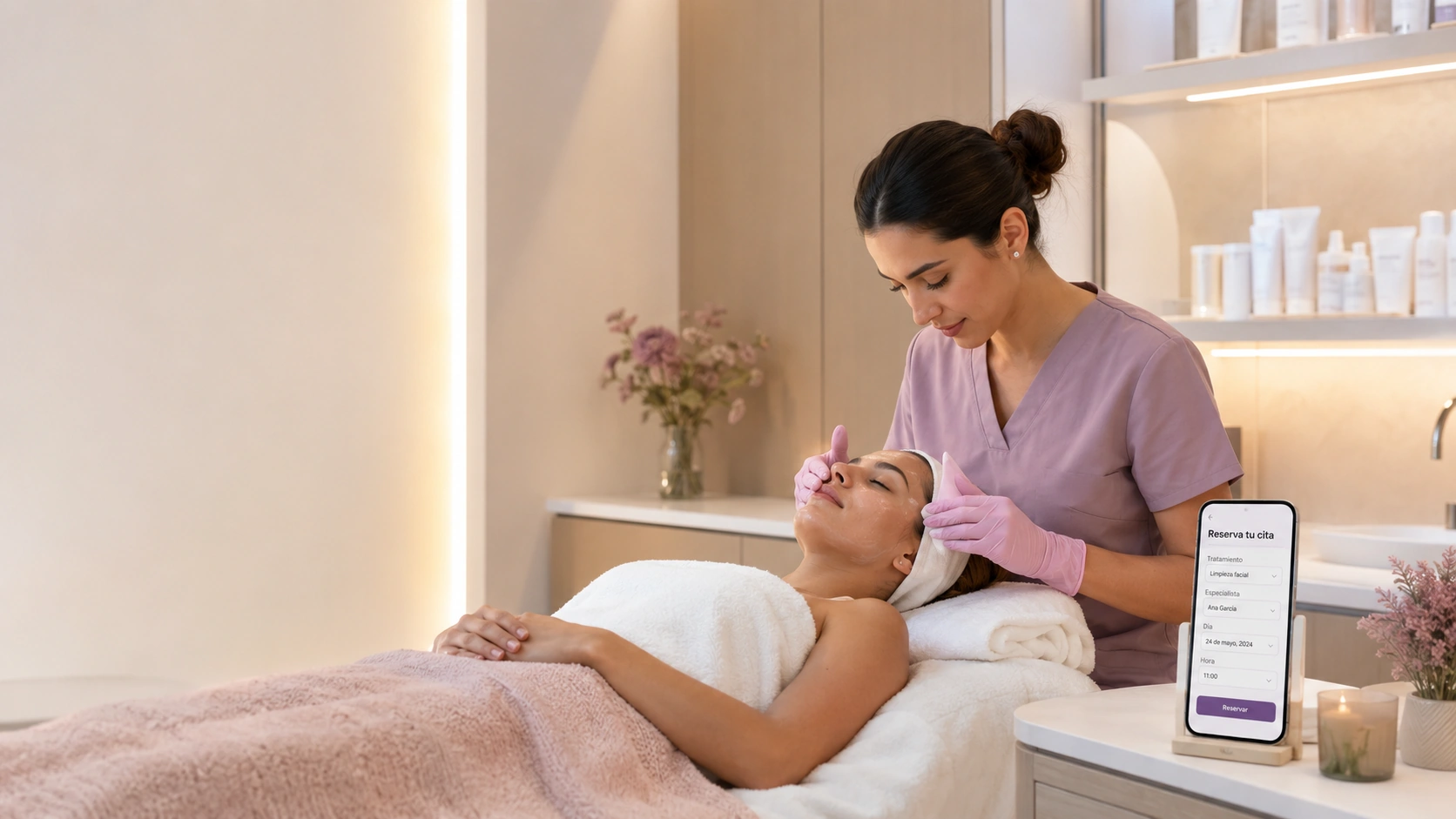 Especialista realizando un tratamiento mientras una clienta reserva online en un centro de estética