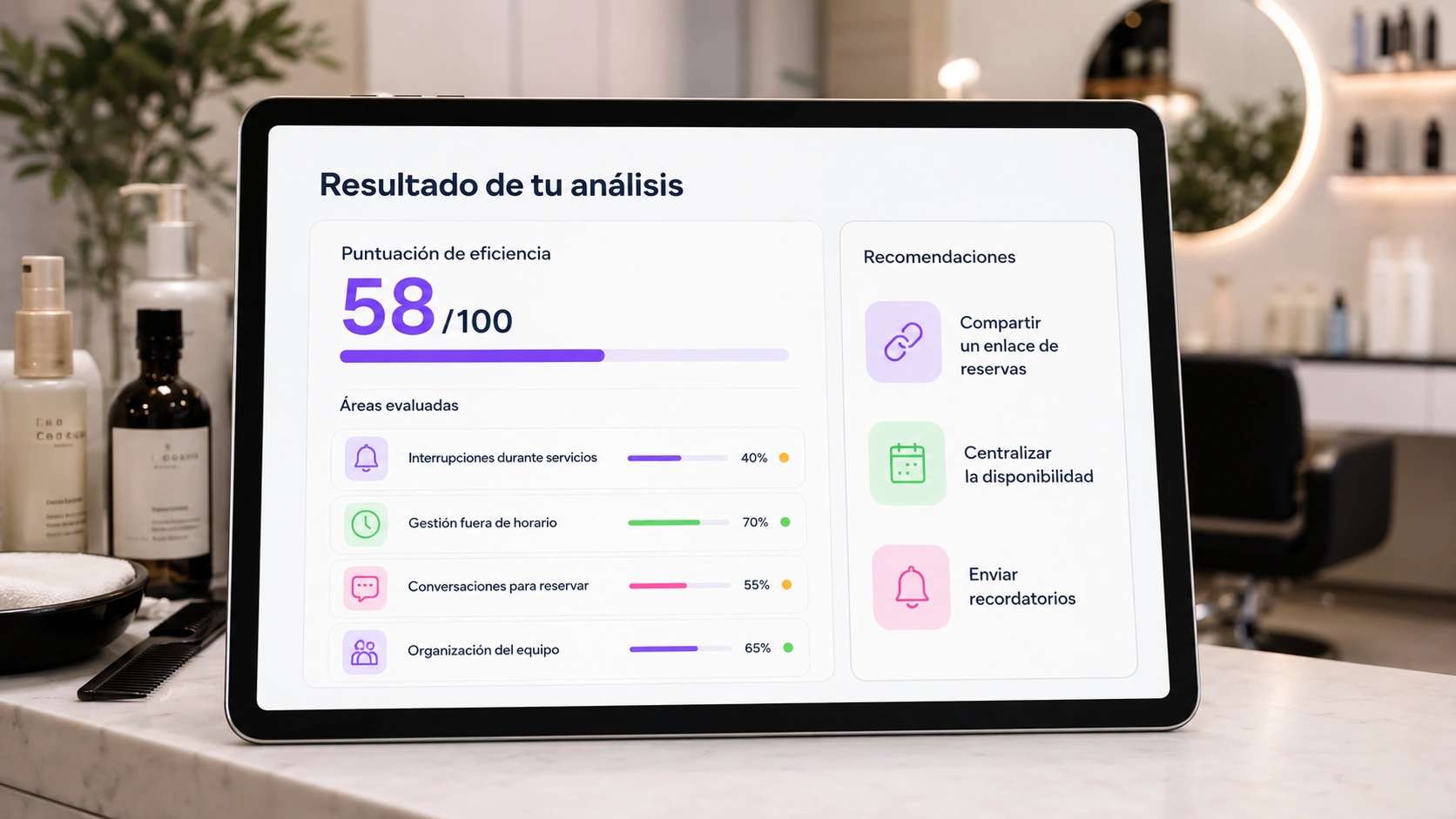 Resultado de una auditoría de eficiencia con puntuación y recomendaciones para mejorar las reservas